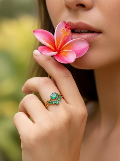 18K Solid Gold Emerald Engagement Ring Set