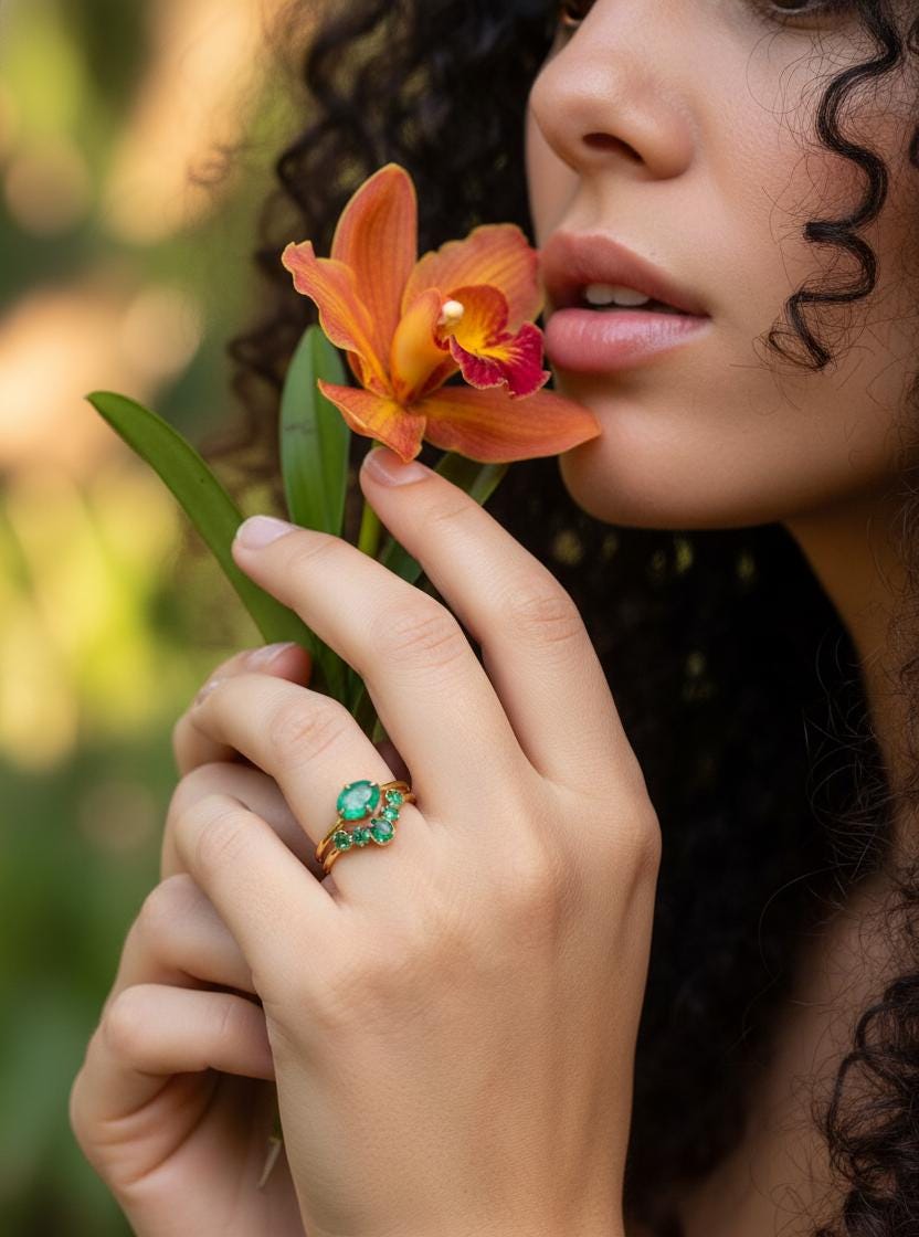 18K Solid Gold Emerald Engagement Ring Set