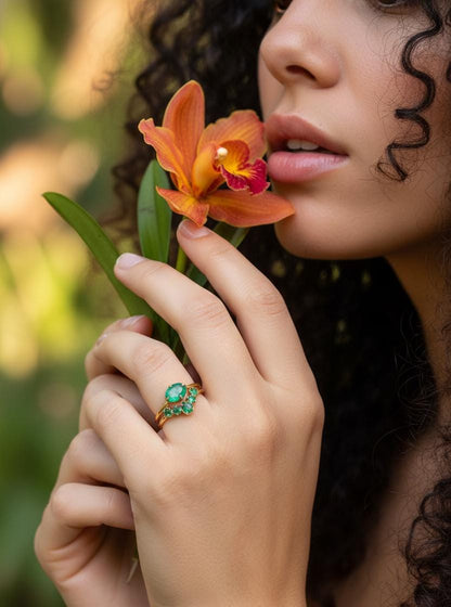 18K Solid Gold Emerald Engagement Ring Set