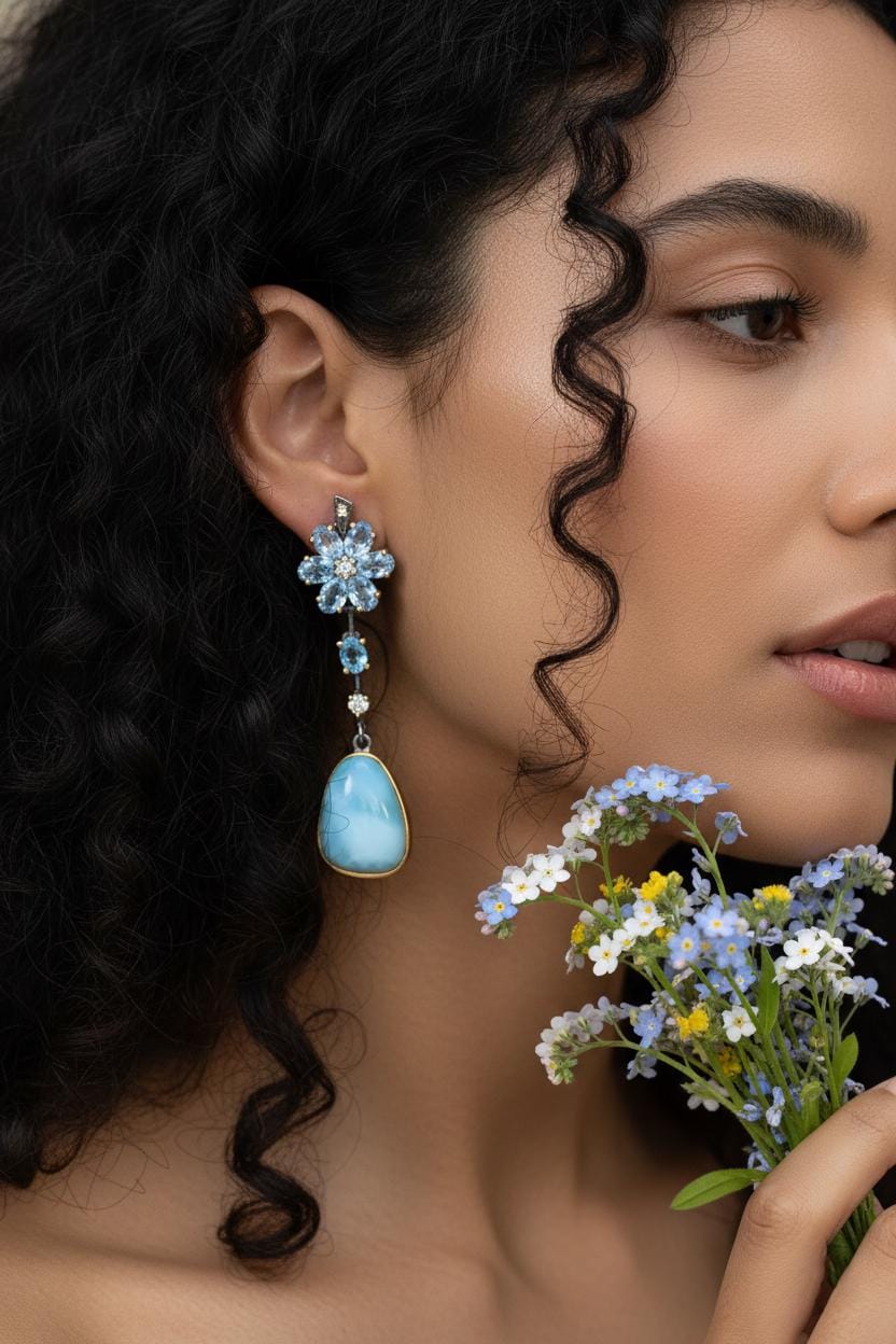 925 Sterling Silver Larimar Blue Flower Earrings