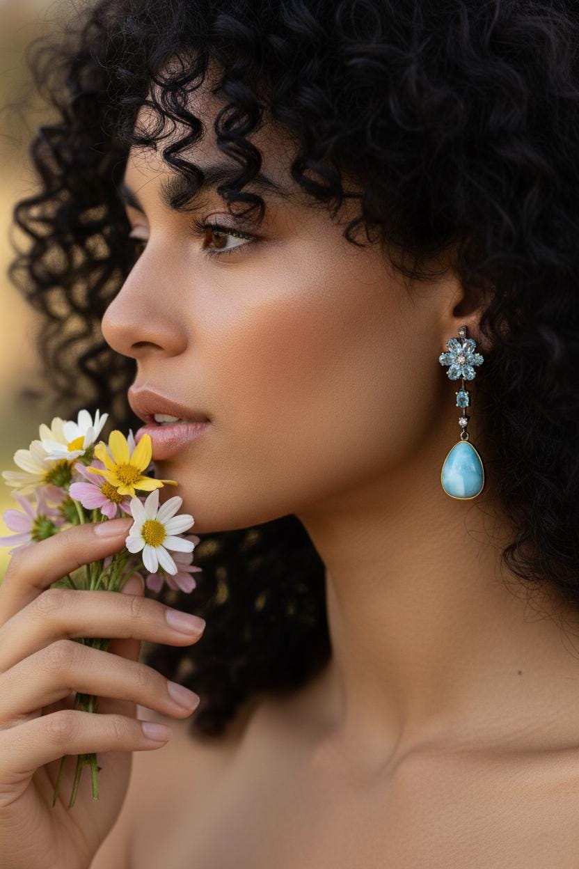 925 Sterling Silver Larimar Blue Flower Earrings