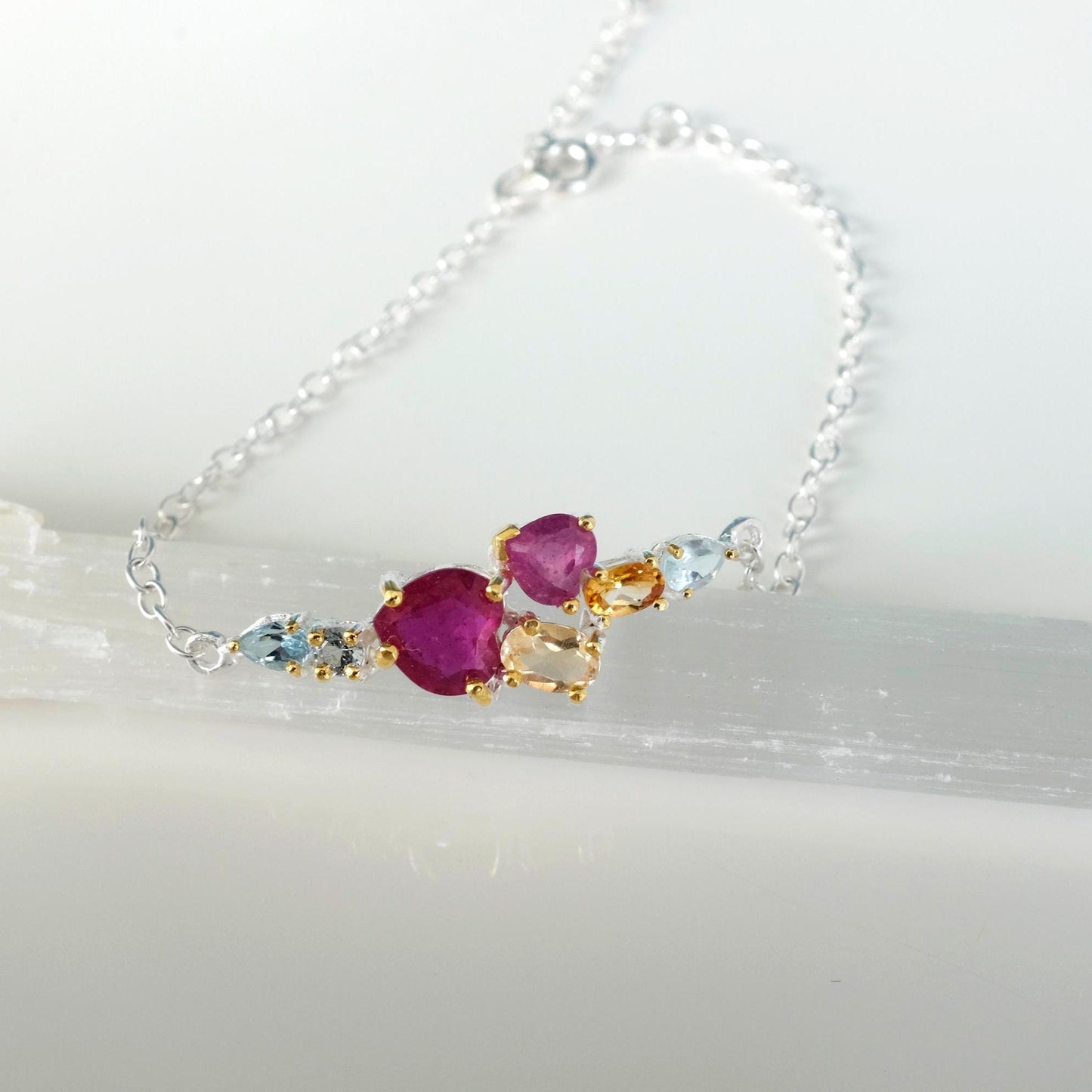 925 Sterling Silver Ruby Heart Bracelet