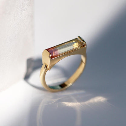 14-18K Solid Gold Watermelon Tourmaline Bar Ring