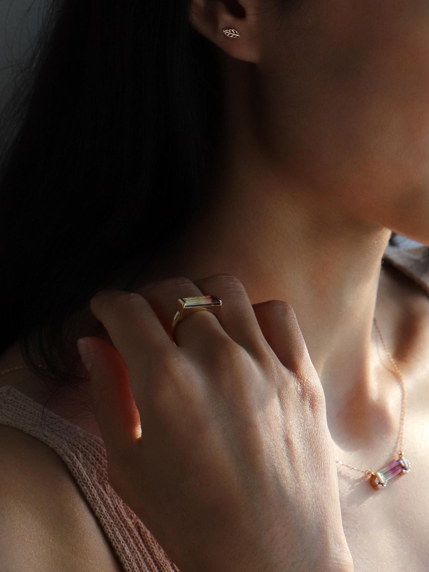 14-18K Solid Gold Watermelon Tourmaline Bar Ring