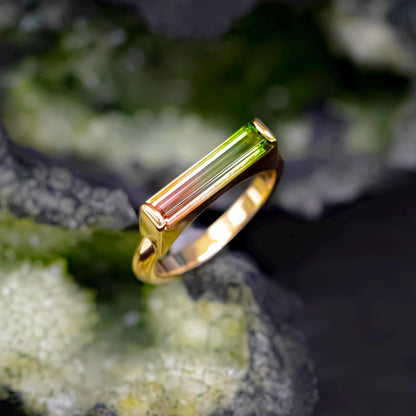 14-18K Solid Gold Watermelon Tourmaline Bar Ring