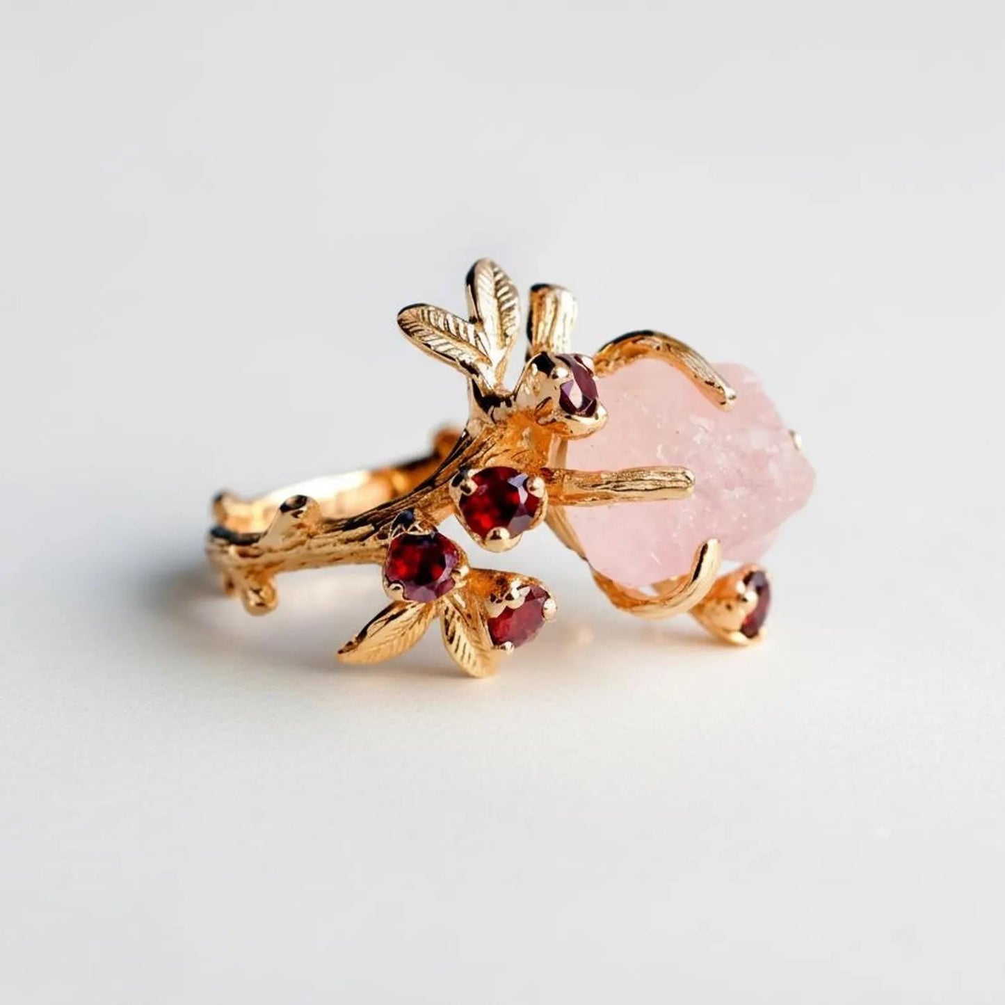 14K solid gold raw pink morganite branch ring