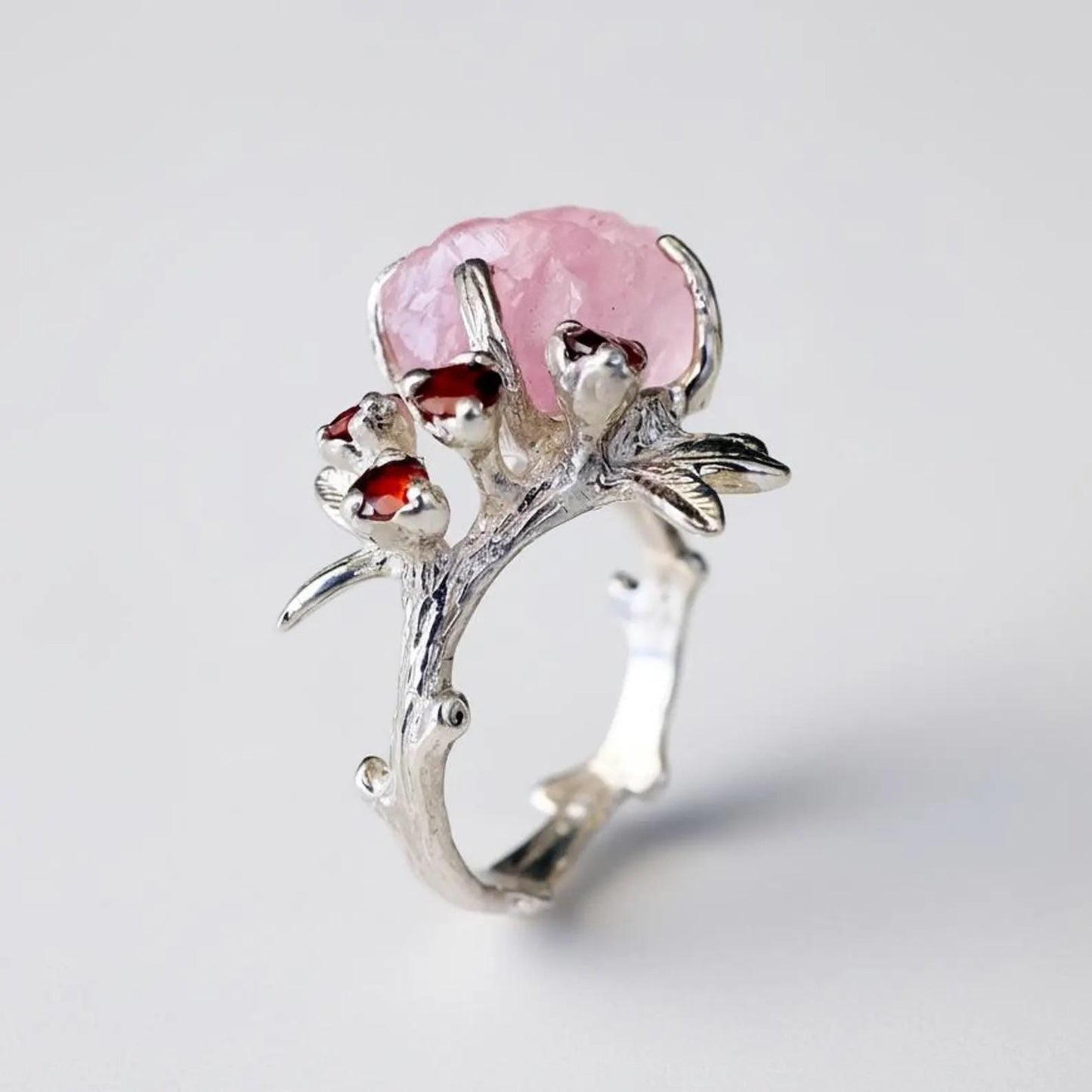 14K solid gold raw pink morganite branch ring