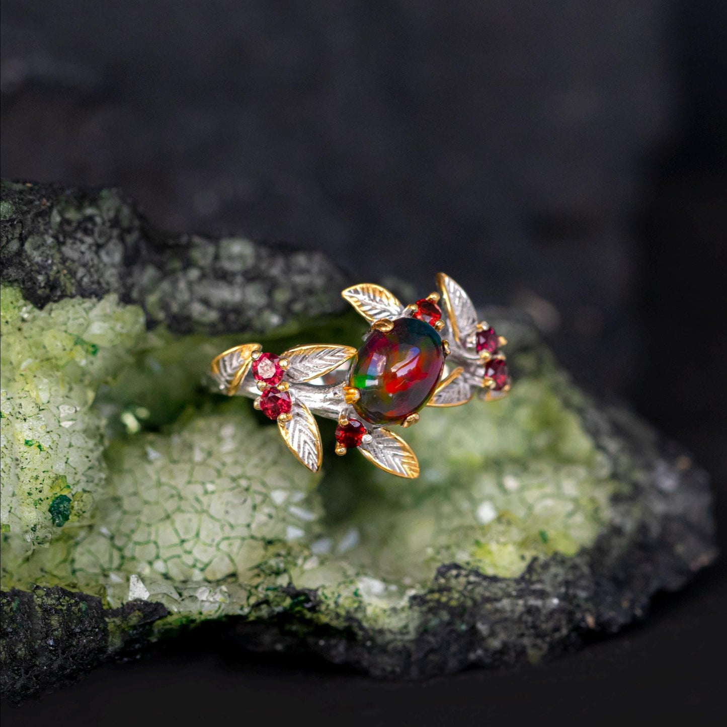 925 Sterling Silver Black Opal Branch Ring