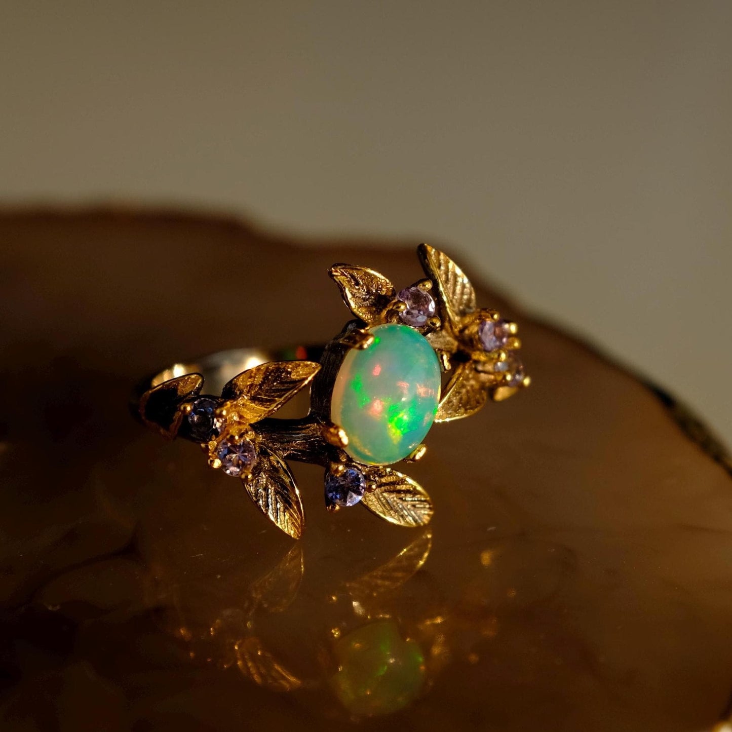 925 Sterling Silver Black Opal Branch Ring