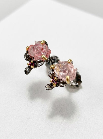 925 silver pink tourmaline gemstone stud earrings, rose flower minimalist jewelry