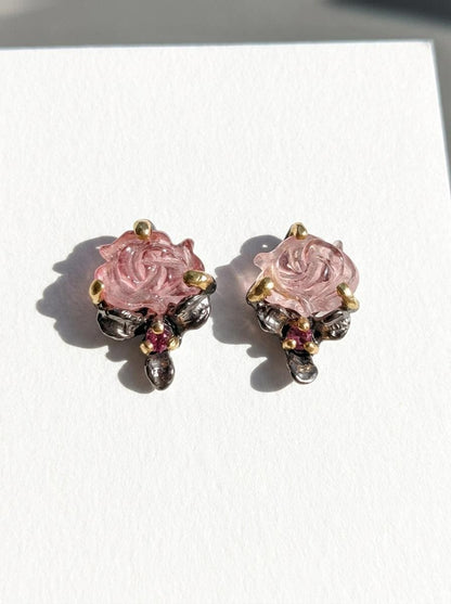 925 silver pink tourmaline gemstone stud earrings, rose flower minimalist jewelry