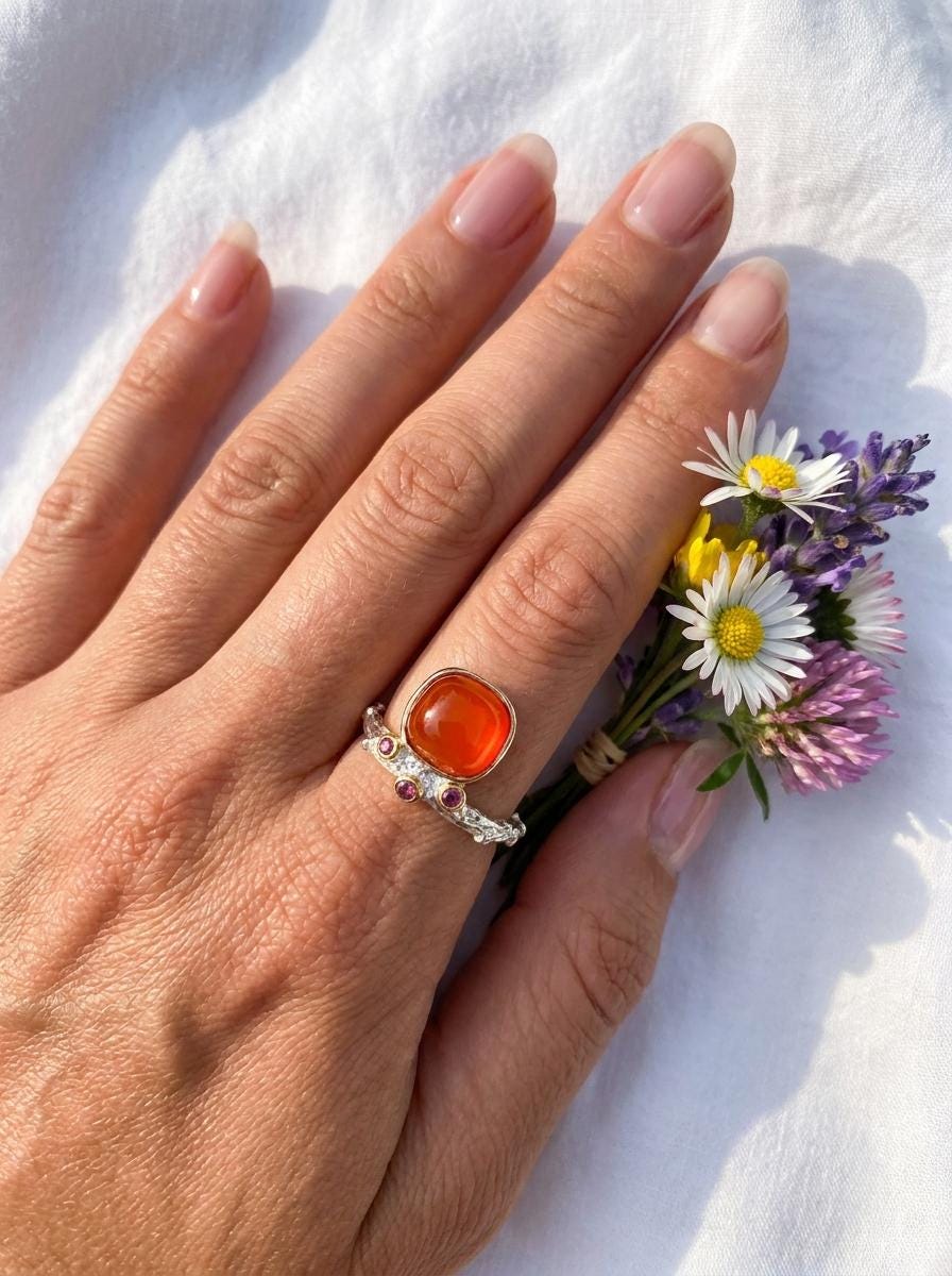 925 silver orange carnelian stackable ring, gemstone branch textured jewelry