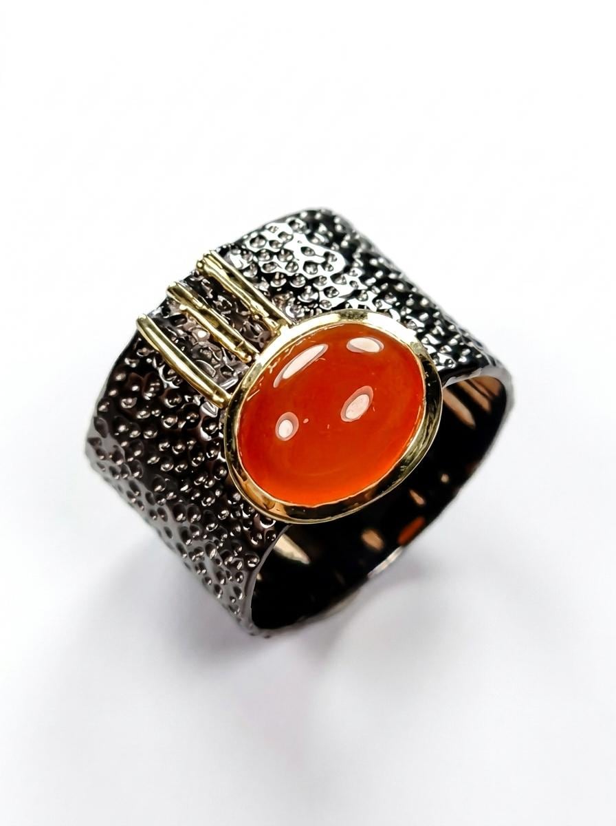 925 silver orange carnelian stackable ring, gemstone wide banded textured jewelry