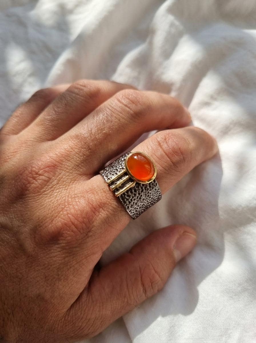 925 silver orange carnelian stackable ring, gemstone wide banded textured jewelry