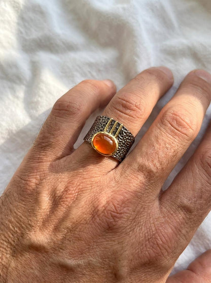 925 silver orange carnelian stackable ring, gemstone wide banded textured jewelry