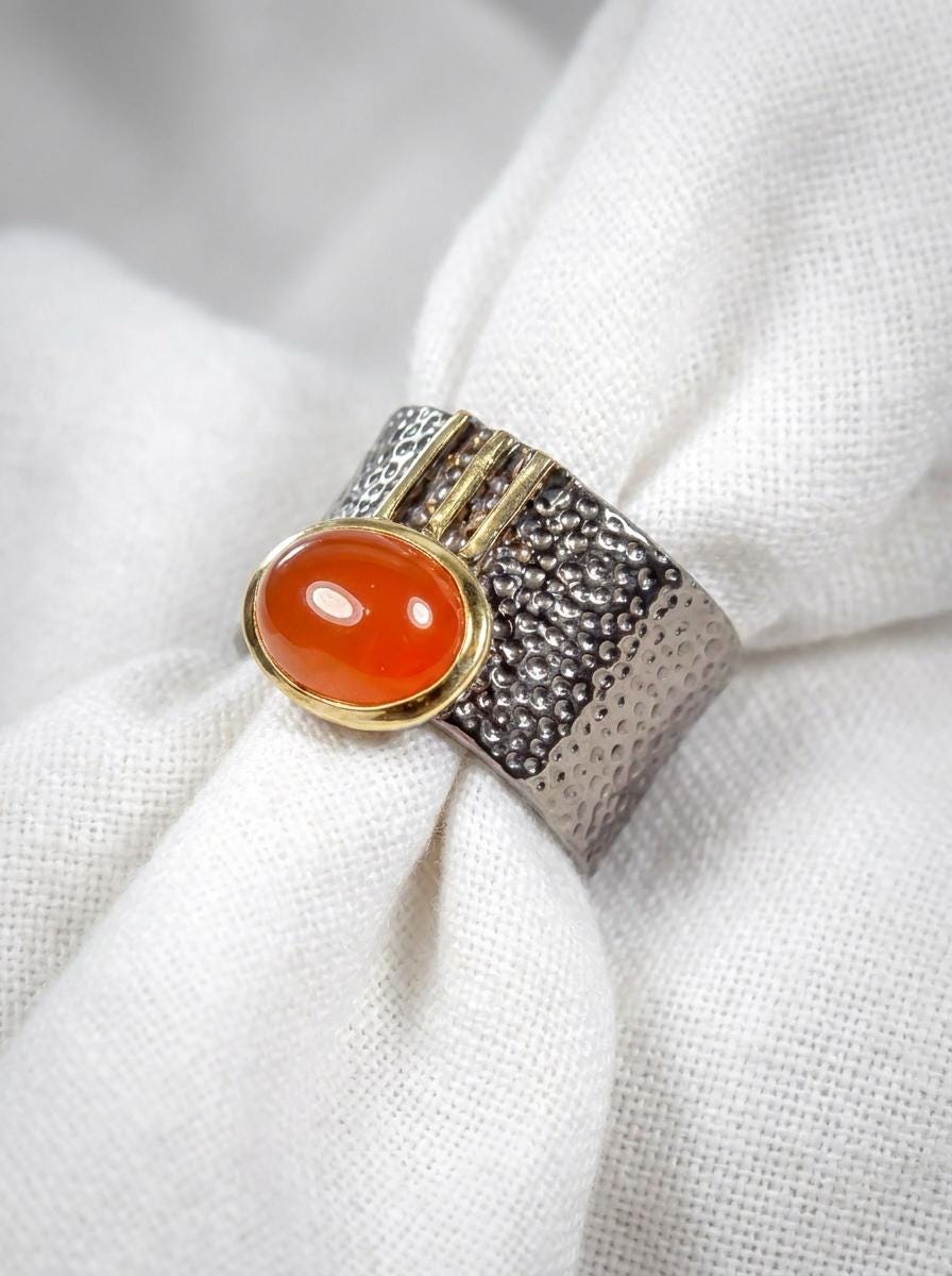 925 silver orange carnelian stackable ring, gemstone wide banded textured jewelry