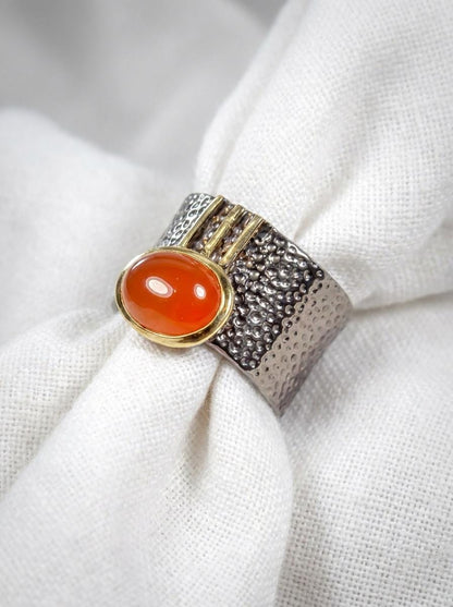 925 silver orange carnelian stackable ring, gemstone wide banded textured jewelry