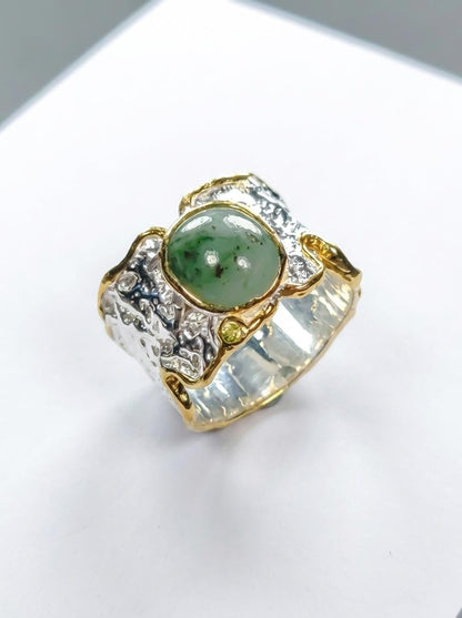 925 silver green jade ring, oval gemstone wide band organic texture jewelry