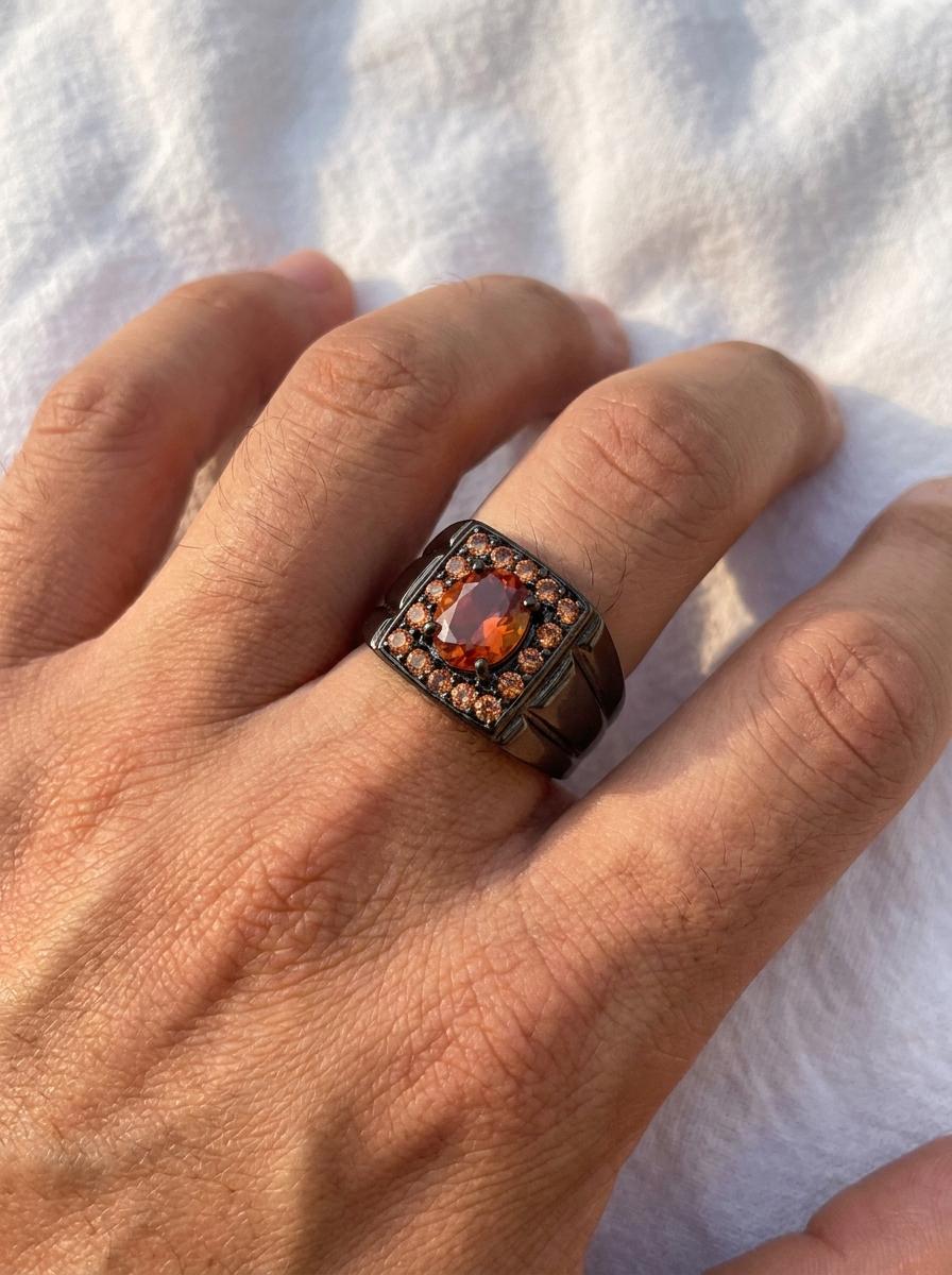 925 silver orange opal ring, gemstone wide banded statement jewelry