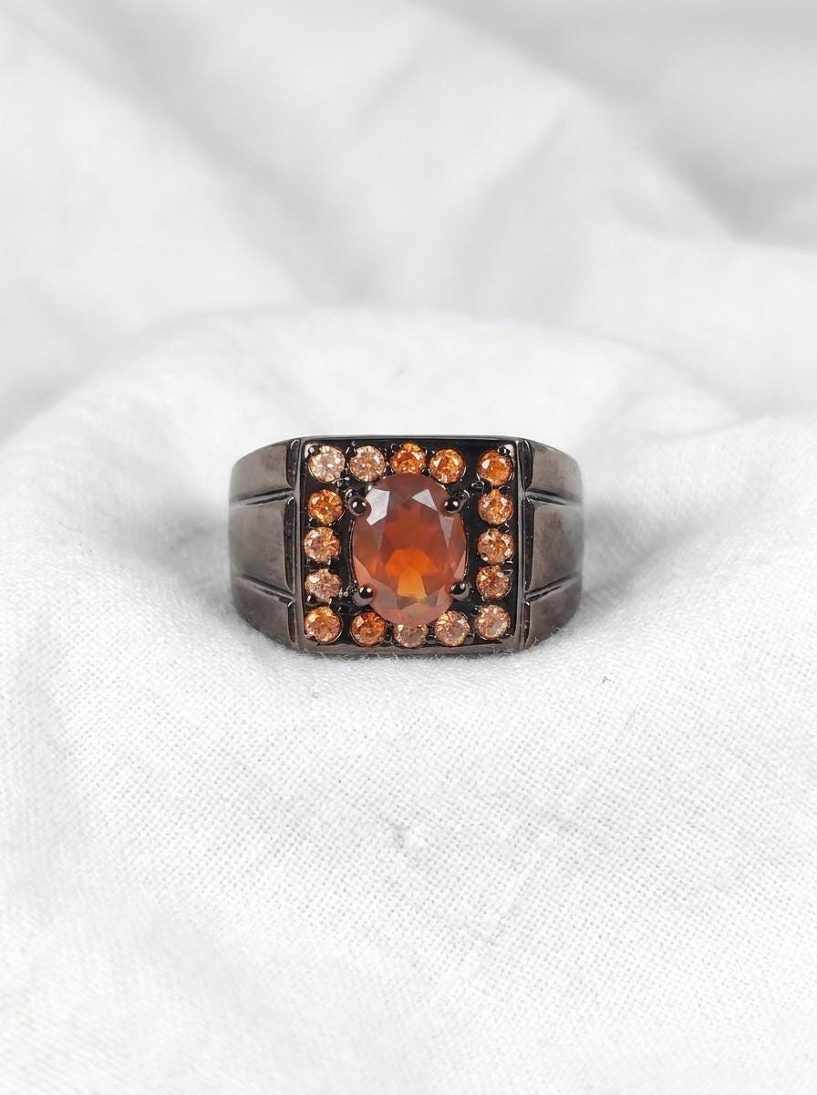 925 silver orange opal ring, gemstone wide banded statement jewelry