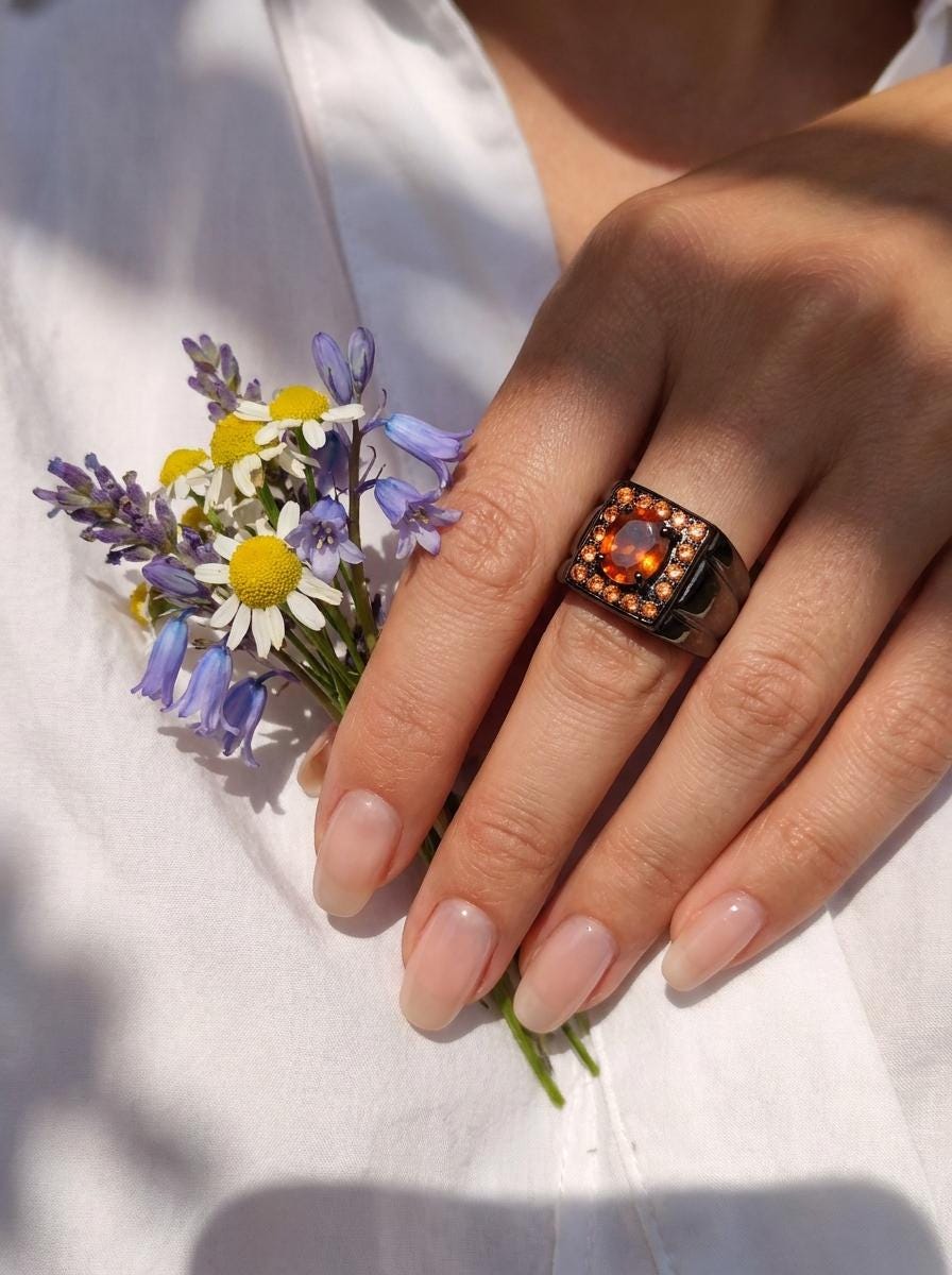 925 silver orange opal ring, gemstone wide banded statement jewelry