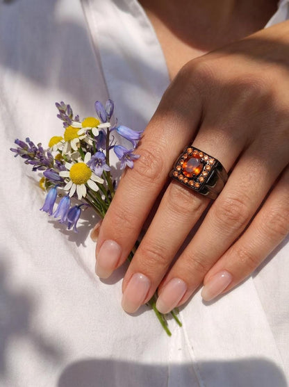 925 silver orange opal ring, gemstone wide banded statement jewelry