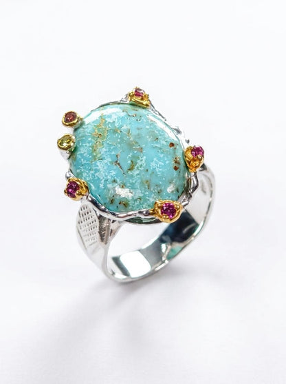 925 silver blue turquoise ring, oval gemstone wide band textured jewelry