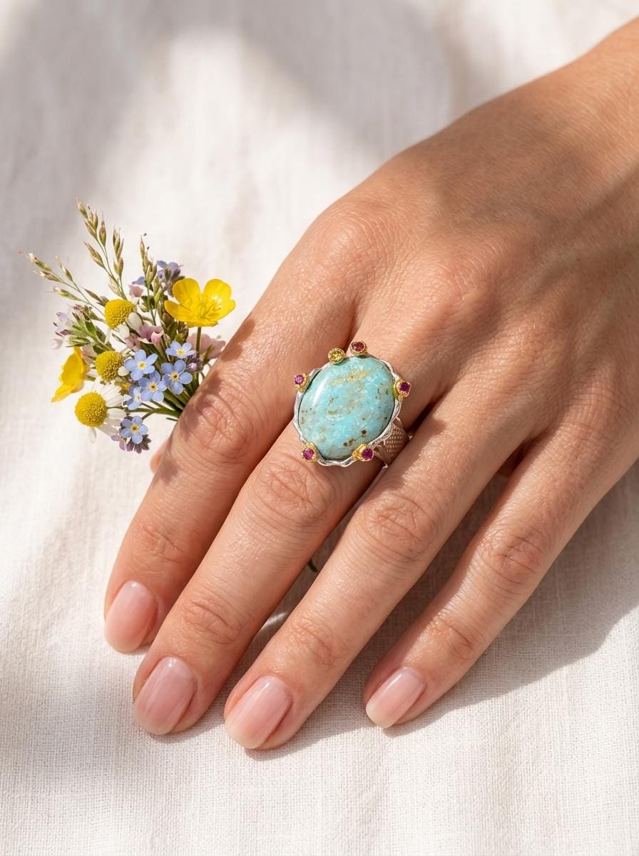 925 silver blue turquoise ring, oval gemstone wide band textured jewelry