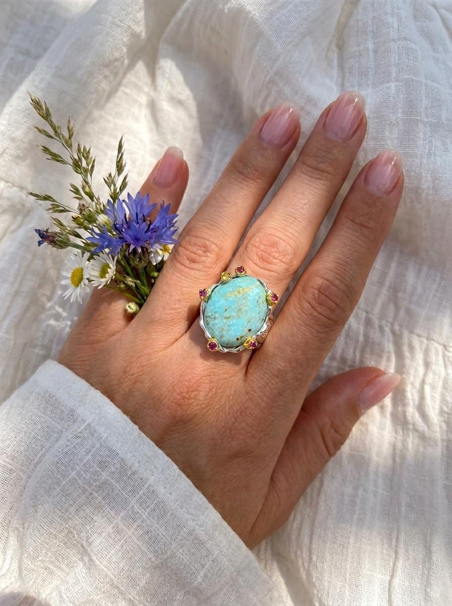 925 silver blue turquoise ring, oval gemstone wide band textured jewelry