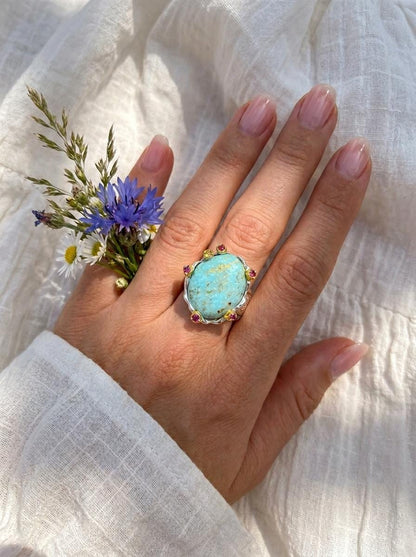 925 silver blue turquoise ring, oval gemstone wide band textured jewelry