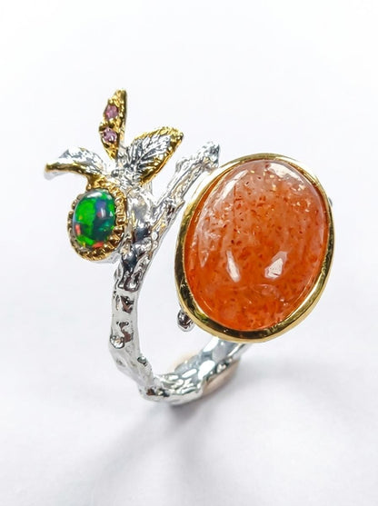 925 silver orange sunstone ring, oval gemstone branch nature jewelry