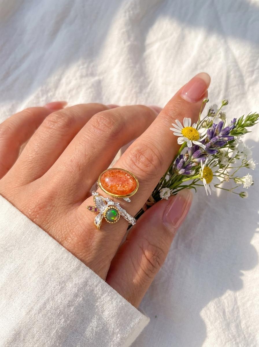 925 silver orange sunstone ring, oval gemstone branch nature jewelry