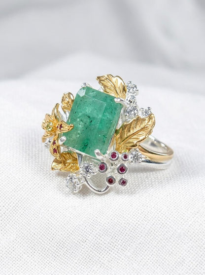 925 silver green beryl ring, emerald gemstone nature inspired statement jewelry
