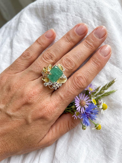 925 silver green beryl ring, emerald gemstone nature inspired statement jewelry