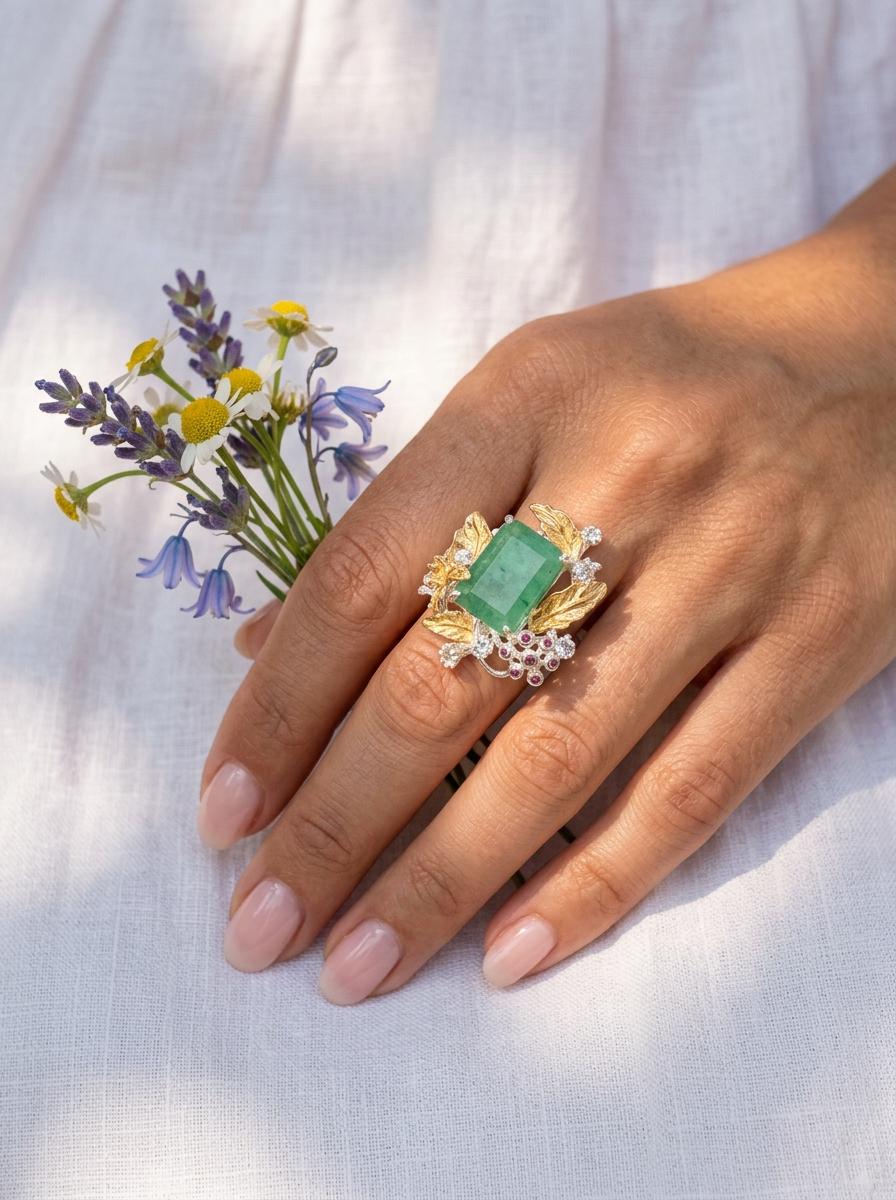 925 silver green beryl ring, emerald gemstone nature inspired statement jewelry
