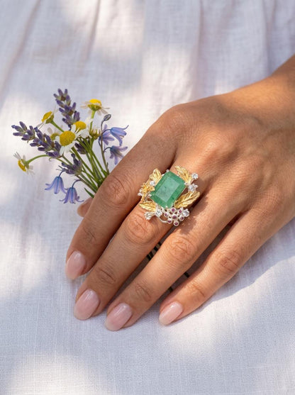 925 silver green beryl ring, emerald gemstone nature inspired statement jewelry