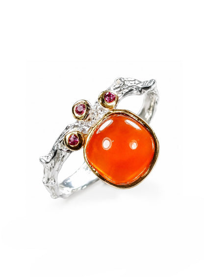 925 silver orange carnelian stackable ring, gemstone branch textured jewelry