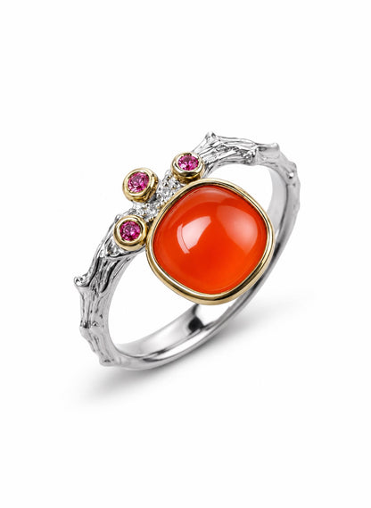 925 silver orange carnelian stackable ring, gemstone branch textured jewelry
