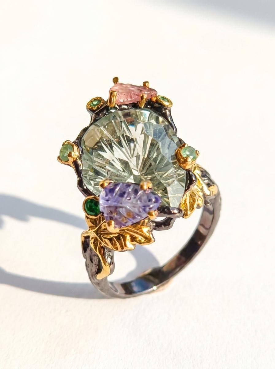 925 silver green amethyst ring, oval gemstone floral halo statement jewelry