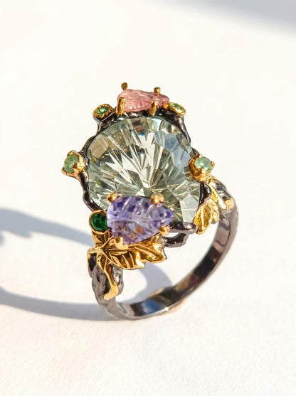 925 silver green amethyst ring, oval gemstone floral halo statement jewelry