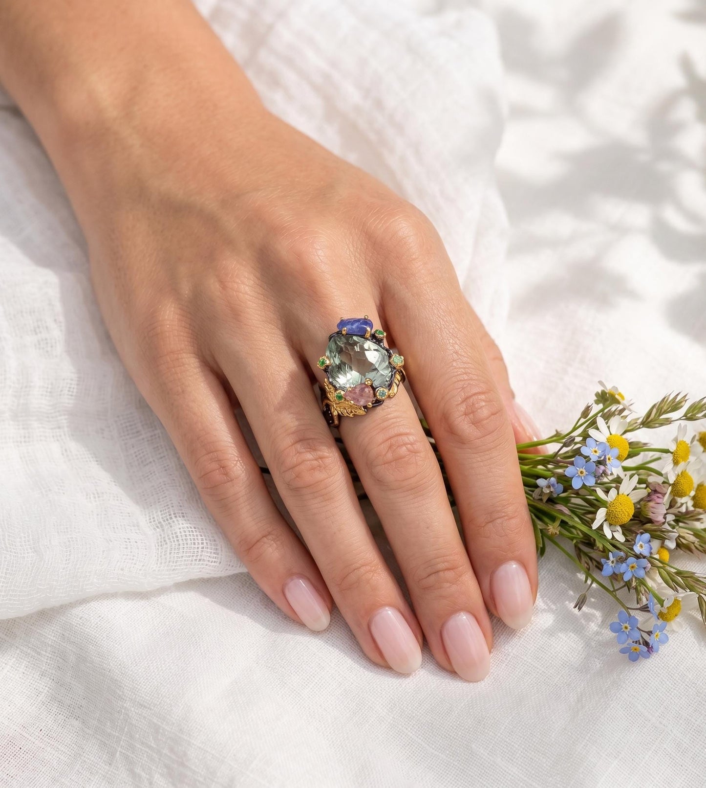 925 silver green amethyst ring, oval gemstone floral halo statement jewelry