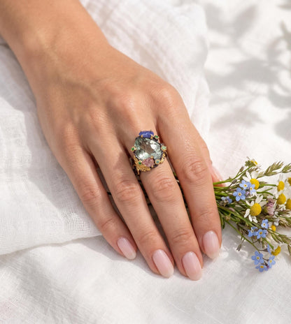 925 silver green amethyst ring, oval gemstone floral halo statement jewelry