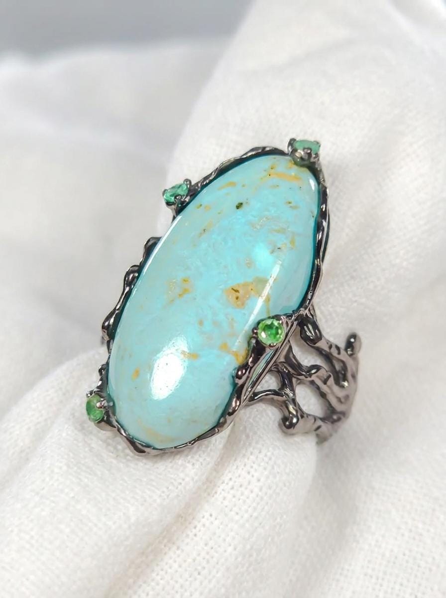 925 silver blue turquoise ring, oval gemstone branch statement jewelry