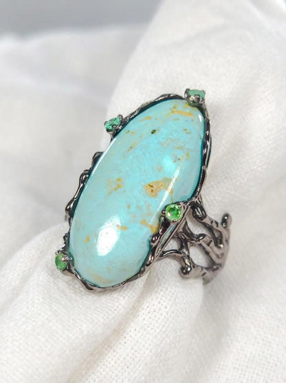 925 silver blue turquoise ring, oval gemstone branch statement jewelry