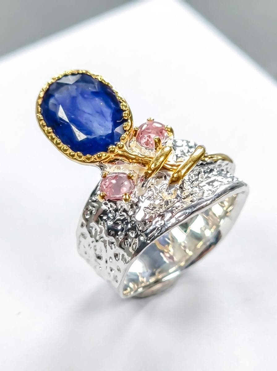 925 silver blue sapphire gemstone ring, statement organic textured wide band