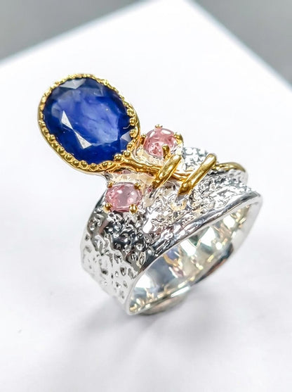 925 silver blue sapphire gemstone ring, statement organic textured wide band