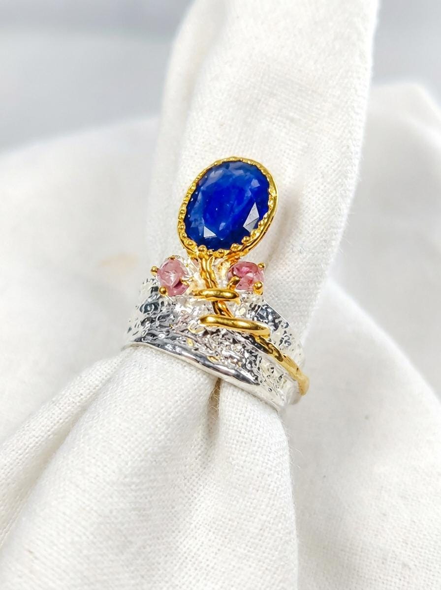 925 silver blue sapphire gemstone ring, statement organic textured wide band