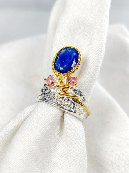 925 silver blue sapphire gemstone ring, statement organic textured wide band
