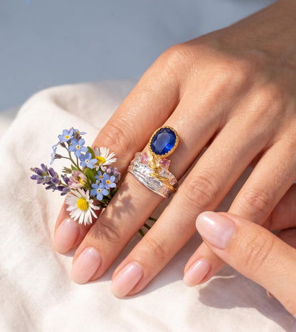 925 silver blue sapphire gemstone ring, statement organic textured wide band