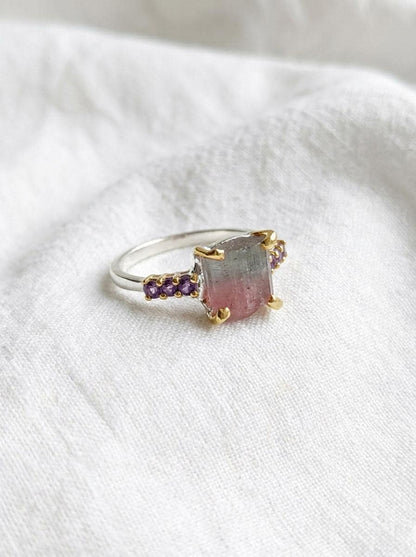 925 silver raw tourmaline ring, bi-color watermelon gemstone rough crystal jewelry